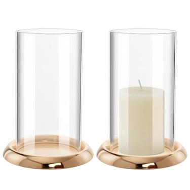 Imagem de WEBEEDY 2 conjuntos de castiçais dourados furacão de vidro transparente com bandeja de metal para pilar velas lareira Natal festa de casamento mesa centro de mesa decoração de casa, 8 x 15 centímetros