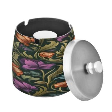 Imagem de Blueangle Cinzeiro de flores em aquarela com tampa para cigarros, à prova de vento/chuva, aço inoxidável, sem fumaça, inodoro, cinzeiro para uso interno ou externo (215)