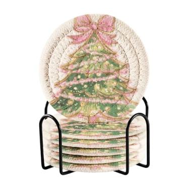 Imagem de Blueangle Porta-copos de 6 peças de árvore de Natal com laço rosa - tecido redondo super absorvente para proteção de mesa e decoração de casa (185)