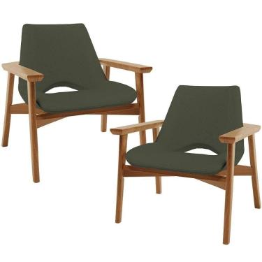 Imagem de Kit 02 Poltronas Decorativa Para Sala De Estar Living Base Madeira Becker L02 Linho Verde Musgo - Lyam Decor
