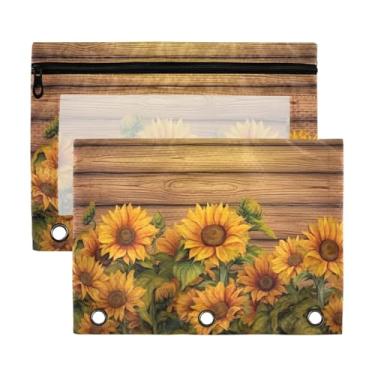 Imagem de ATTX Porta-lápis girassóis em tábua de madeira para fichário de 3 anéis - Estojo de lápis transparente de grande capacidade com zíper liso, organizador de material de escritório resistente #326