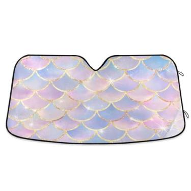 Imagem de ATTX Para-brisa de carro com escamas de peixe sereia 134.6 cm x 59.7 cm Escudo solar universal com proteção UV, para-sol dobrável automático para Sedans SUVs caminhões #250