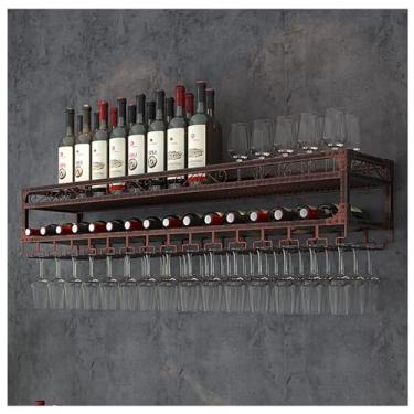 Imagem de HGTRH Rack de vinho montado na parede com suporte de vidro, prateleira de vinho de ferro estilo moderno suporte de vinho montado na parede, prateleira de exibição de garrafa de licor de 2 camadas