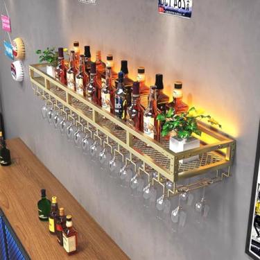 Imagem de HGTRH Suporte de vidro de parede para garrafa de vinho, prateleira suspensa de metal, prateleira de exibição de garrafa de licor com luzes, prateleiras flutuantes para parede com prateleiras de copo
