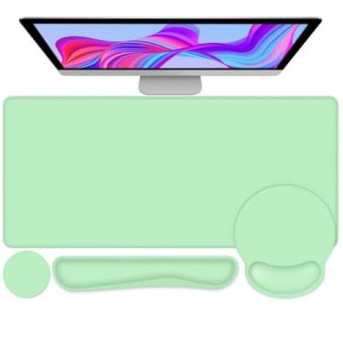 Imagem de 4 peças de protetor de mouse pad de mesa, descanso de pulso para teclado + mouse pad confortável com descanso de pulso + porta-copos grande para jogos para computador, laptop, 35,4 x 39,9 cm para