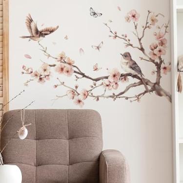 Imagem de Decalques de parede de flor de cerejeira, ramo de árvore floral rosa grande com borboletas de pássaros, adesivos de parede de vinil removíveis para sala de estar, quarto, decoração de casa