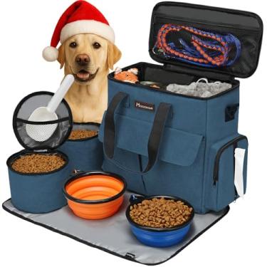 Imagem de Modoker Bolsa de viagem para cães, conjunto de viagem de fim de semana para cães e gatos, organizador de sacolas aprovado por companhias aéreas com bolsos multifuncionais, 2 recipientes de armazenamento de alimentos, 2 tigelas dobráveis, 1 tapete de alimentação (azul)