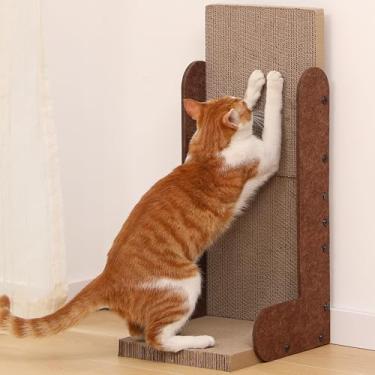 Imagem de FUKUMARU Arranhador para gatos, parede de 67 cm em forma de L, tábua de arranhar gatos de papelão moderna para gatos internos, poste de feltro vertical para arranhar, protetor de móveis (caramelo)