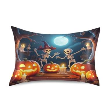 Imagem de Wassud Halloween Pumpkins Sketelons Fronha de cetim para cabelo e pele fronhas de seda lisa Queen Size Capas de travesseiro respiráveis com fecho de envelope