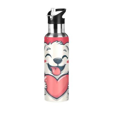 Imagem de Wassud Garrafa de água fofa de desenho animado com coração de férias garrafa de água esportiva de aço inoxidável com canudo garrafas de água isoladas copo portátil de viagem 623 g