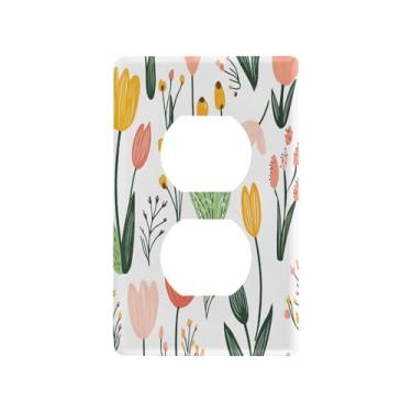 Imagem de Wassud Placa decorativa para tomada decorativa com rabiscos de flores pastel, placa de parede para tomadas elétricas duplex 11 x 7 cm