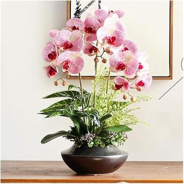 Imagem de YYBOES Crepe artificial de orquídea flor artificial com vaso de porcelana floral falso 46 cm Phalaenopsis flores artificiais orquídeas falsas