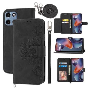 Imagem de Dswteny Capa carteira para Motorola Moto G 5G 2025 com alça de ombro transversal, couro em relevo, acessórios para celular G5G 5 G G5 mulheres meninas preta