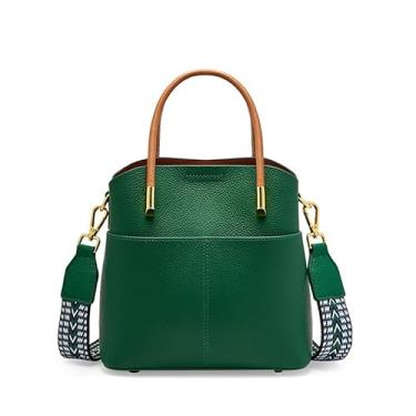 Imagem de zency Bolsa feminina transversal de couro genuíno com duas alças de ombro, vários bolsos, Verde, Medium