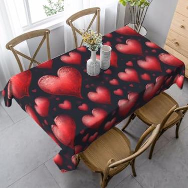 Imagem de ZTPOWQA Toalha de mesa de jantar romântica com estampa de coração vermelho, 89 x 139 cm, retangular, impermeável, reutilizável, festa de jantar