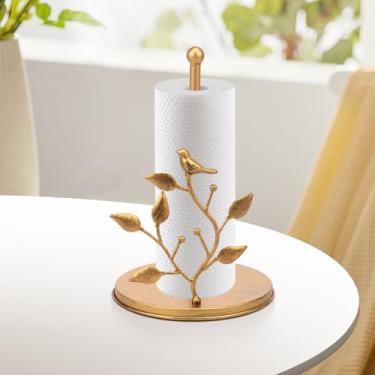 Imagem de Suporte de rolo de papel, organizador de armazenamento de toalha de papel de folha de ginkgo, suporte de ferro dourado, decoração de bancada para cozinha, banheiro, fazenda (estilo pássaro-dourado)