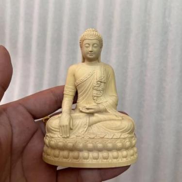 Imagem de FENNYYAR Estátua de Buda Shakyamuni de buxo esculpida à mão, 10 cm, decoração de casa zen, presente budista