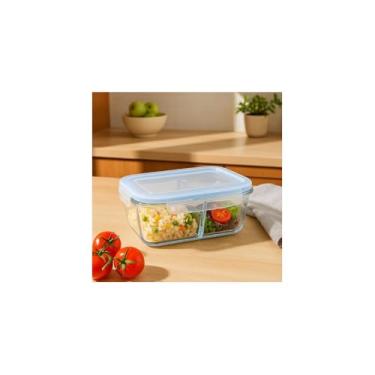 Imagem de Pote Retangular Hermético com Divisória, Vidro Borossilicato, 1520ml, Transparente com Tampa Azul, 22x17x8cm, Livre de BPA