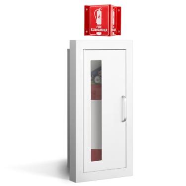 Imagem de Zonon Armário de extintor de incêndio semi-embutido com placa de seta projetada, acabamento de 5 cm, suporte de parede branco de grau industrial, para produtos químicos secos de 4,5 kg ou CO2 de 2,3
