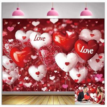 Imagem de Balão de coração vermelho e branco de 1,8 m x 1,8 m, fundo fotográfico tema do dia dos namorados, casamento, aniversário, dia das mães, banner, decoração de poliéster
