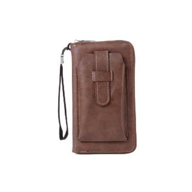 Imagem de Carteira masculina com zíper, bolsa compacta de cor sólida com vários compartimentos para cartões, bolsa portátil minimalista, Marrom escuro, Tendência