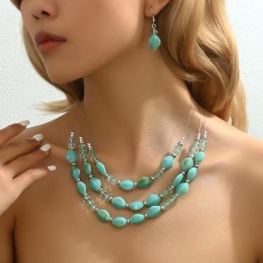 Imagem de Conjunto de colar com contas ovais e brincos de gota com aparência de pedra turquesa de três camadas para mulheres, joias boêmias elegantes, One Size, Metal Pedra, Sem Pedra Preciosa