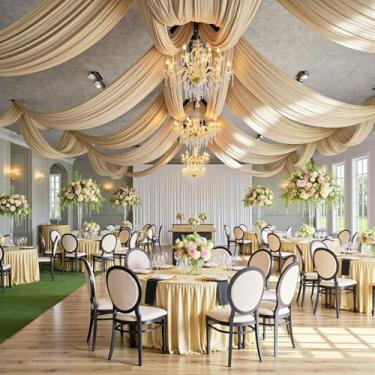 Imagem de Cortina de teto bege de 1,5 m × 20 pés para festas de casamento, tecido drapeado de poliéster sem rugas, cortina bege para festa, barraca, hotel, banquete, salão, decoração de teto, 10 painéis, 5 × 20