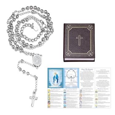 Imagem de FaithHeart Rosário católico para mulheres, colar em Y de aço inoxidável virgem maria para mulheres, presentes católicos com cartão de oração do terço e caixa de presente, Aço inoxidável, Sem Pedra