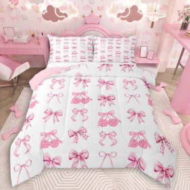 Imagem de Feelyou Conjunto de cama infantil com laço rosa, tamanho Queen, estampa de bola leve, discoteca, nó de laço de coquete, ultramacio, edredom de princesa com nó de borboleta