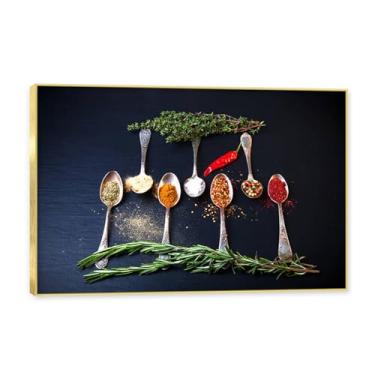 Imagem de Moldura dourada. Arte de parede em tela de especiarias coloridas e colher de tempero | Decoração de cozinha vintage | Arte moderna para casa e sala de jantar. B48. 80 x 120 cm - 31,5 x 47,3 pol