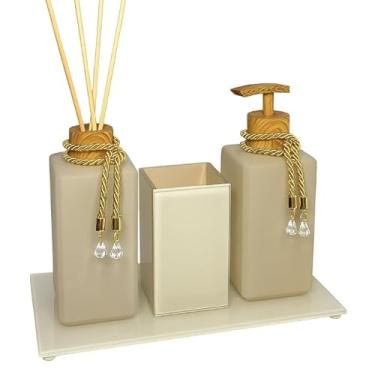Imagem de Kit Lavabo Bege Completo com Saboneteira, Aromatizador de Ambiente, Porta Escovas e Bandeja Luxo(MADEIRA,COM BANDEJA)