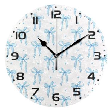 Imagem de JUZIHAI Relógio de parede com laço de fita azul, silencioso, sem tique-taque, relógios de parede redondos operados por bateria, fácil de ler, relógio decorativo de parede para casa, cozinha, sala de