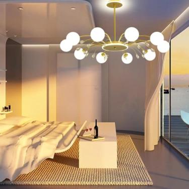 Imagem de Lustre E27 de meados do século XX, lustre de cristal com cúpula de vidro esférica, iluminação moderna estilo Sputnik, luminária pendente com galho dourado para restaurante, quarto, sala de e