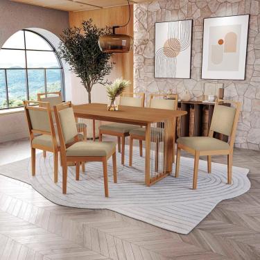 Imagem de Conjunto Sala De Jantar Lina Em Madeira Maciça 6 Cadeiras Boucle Bege
