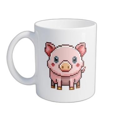Imagem de Caneca Xícara de Café Porcelana 300ml Desenho Cute Pixel Art Porco Retrô