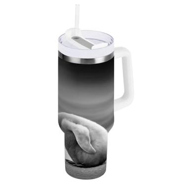 Imagem de ODAWA Copo de água grande pinguins cinza isolado com tampa e canudo, copo isolado a vácuo de aço inoxidável