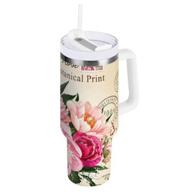Imagem de ODAWA Copo isolado de parede dupla de 1,134 g, Peonies Roses, vintage, com isolamento duplo, tampa e canudo