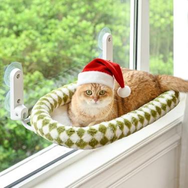 Imagem de Zoratoo Poleiro de janela para gatos com reforço, rede dobrável sem fio para janela para gatos com ventosas fortes e moldura de metal, lavável na máquina para gatos internos (verde, médio)