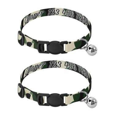 Imagem de Pacote com 2 coleiras personalizadas de camuflagem militar verde com nome e número de telefone, alça leve para pescoço de gato com fivela, serve para pescoço de 27 a 43 cm
