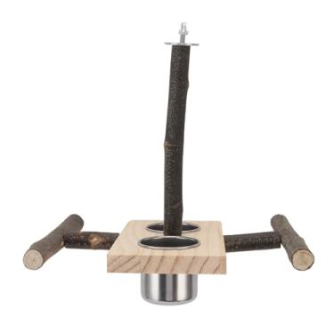 Imagem de Ymiko Poleiro de Pássaros de Madeira Com Tigelas de Alimentação Suspensas e Copos de água de Aço Inoxidável para Calopsitas, Suprimento Natural de Aviário para Pássaros Pequenos, Conjunto de