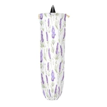 Imagem de Flores de lavanda na parede branca com dispensador de sacolas de supermercado, suportes de plástico para sacolas de supermercado, armazenamento de sacolas plásticas de cozinha