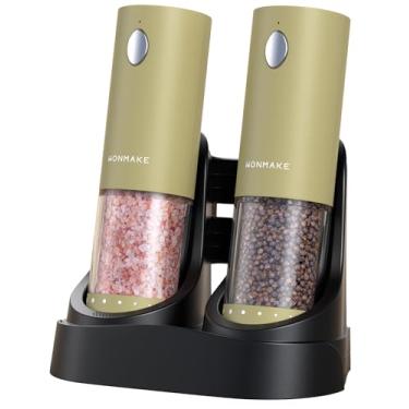Imagem de Conjunto elétrico de moedor de sal e pimenta – Moedores de sal e pimenta recarregáveis automáticos com base de carregamento e luz LED, grossura ajustável de 6 níveis com mostrador externo, utensílio