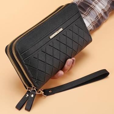 Imagem de Carteira feminina de couro genuíno com dobra dupla/tripla - Suporte minimalista para cartão de crédito com bloqueio de RFID e bolso para moedas, Preto, Casual