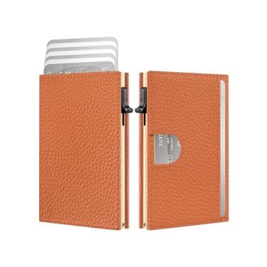 Imagem de Carteira masculina - couro minimalista com três dobras, capa para cartão pop-up inteligente com bloqueio de RFID, porta-cartões de crédito de metal fino de 10 a 15 cartões, carteiras pequenas com