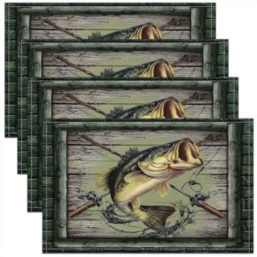 Imagem de Jogo americano de peixe robalo, conjunto com 4, tapetes de mesa de caça e pesca, jogo americano rústico de madeira para cozinha, mesa de jantar, retrô, cinza, verde, decoração de mesa de jantar, 45,7