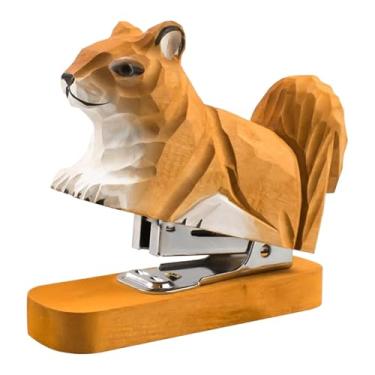 Imagem de KiBcsLic Grampeador de madeira em forma de animal, estatueta decorativa de mesa, mini figura de arte esculpida à mão, grampeador para escritório, sala de aula, Esquilo