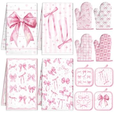 Imagem de SiliFine 12 peças de arcos rosa toalhas de cozinha suportes de panela e conjunto de luvas de forno acessórios de cozinha panos de prato absorventes quadrados pegadores de panela luva resistente ao