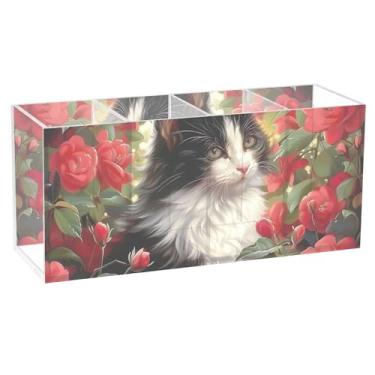 Imagem de TSENQUE Porta-canetas de mesa para pintura, gatinho, gato, flores, artesanato, artesanato, artesanato, acrílico, organizador de lápis