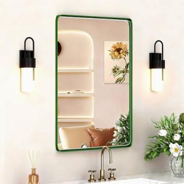 Imagem de YYXW Espelhos de banheiro verdes foscos para pia, espelho emoldurado fino verde escovado, espelho de banheiro para parede, espelhos de penteadeira, espelho de parede de vidro temperado HD (horizontal