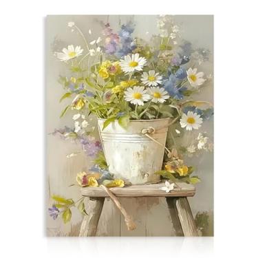 Imagem de Dazzlewall Arte de parede de balde floral, buquê de margaridas silvestres estilo fazenda em balde de metal rústico, pintura a óleo botânica para decoração de banheiro, quarto, sala de estar, 30 x 40
